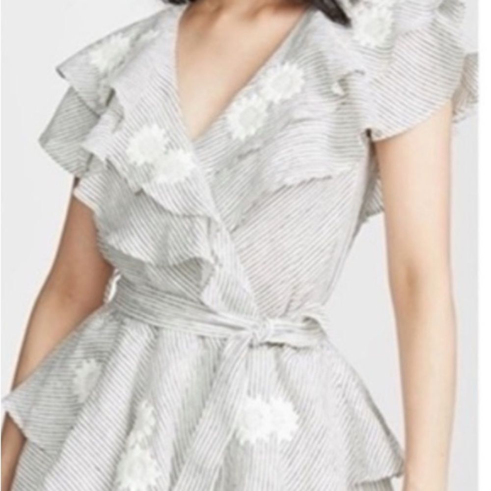 Elegant Ruffled Striped Mini Dress with Floral Details